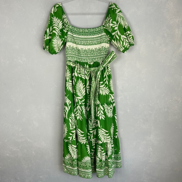 Aura maxi dress size M square neck puff sleeve Kelly green leaf print cotton - Picture 1 of 12